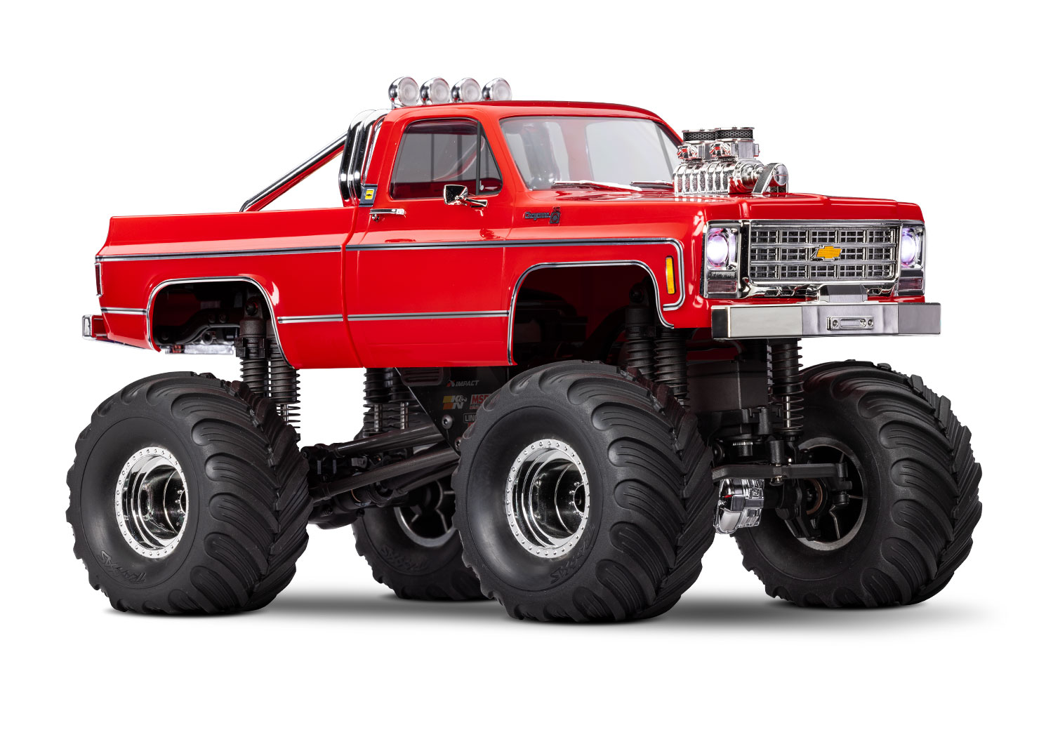 98064 1 TRX 4MT Chevy Monster Truck 3qtr Front RED